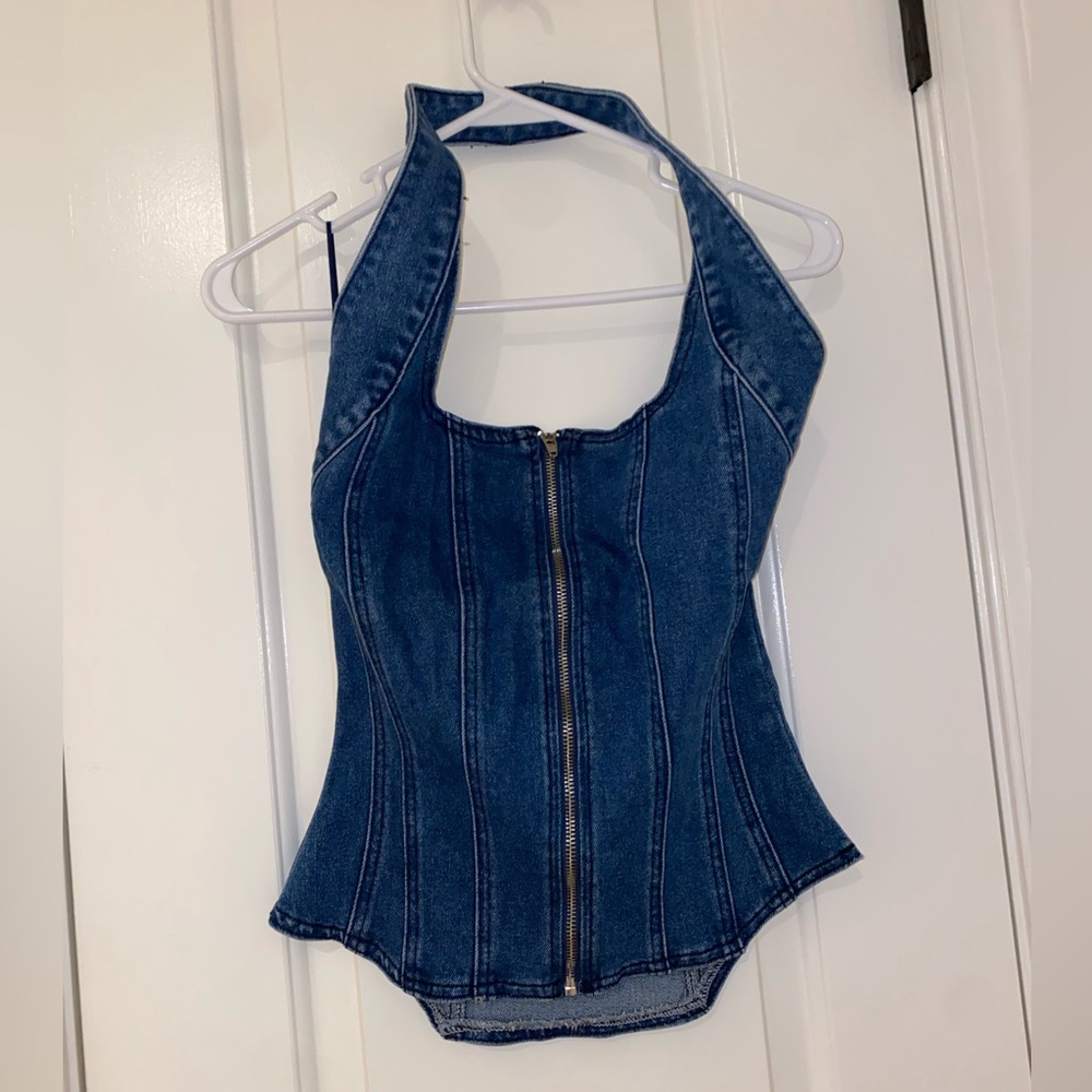 AKIRA Blue Denim Zip-Up Crop Top - Picture 5 of 5